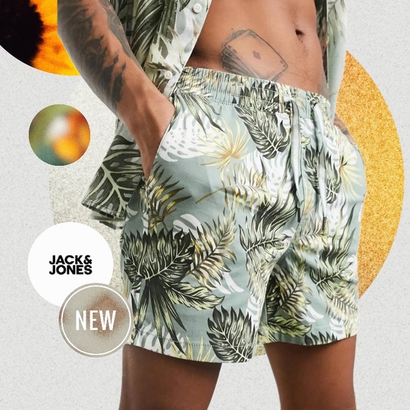 New Jack & Jones Men's Printed Short - Cotton (5.5”)  Tropical / Floral - Picture 1 of 4